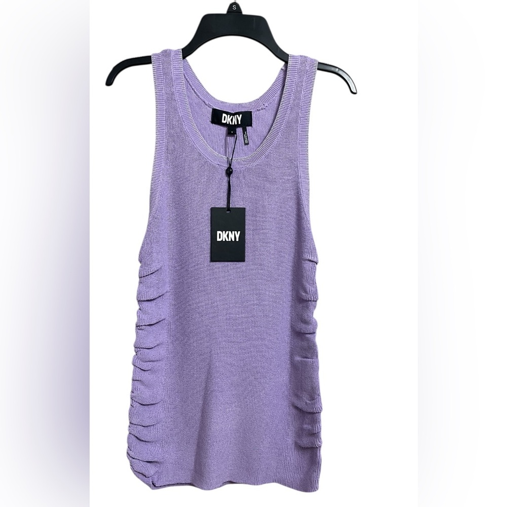 DKNY KNIT TANK TOP RUCHED ON THE SIDES GLITER WOMENS SLEEVELESS PURPLE SIZE S